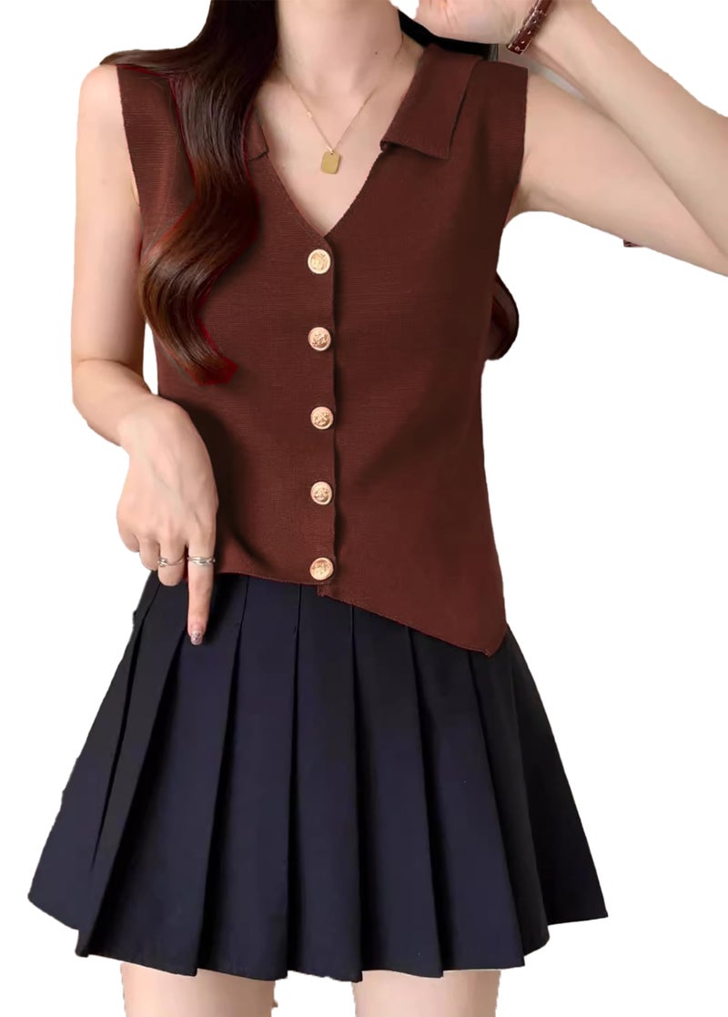 ICW Women's Knitted Ribbed Golden Button Sleeveless Polo Collar Crop Vest Sling Cami Tank Top Dn83157 (in, Alpha, M, Regular, Black) - Image 1