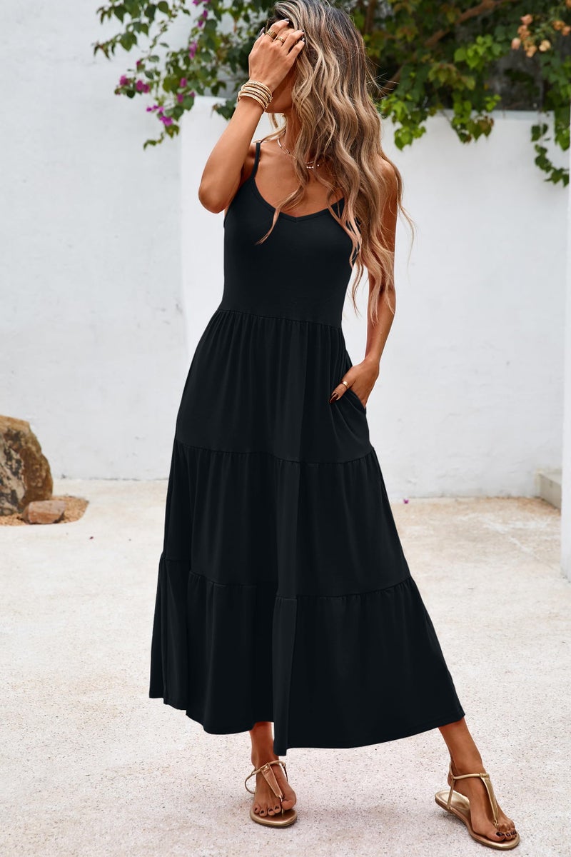 Halife Long Maxi Sun Dresses for Women Casual Spaghetti Strap Summer Beach Vacation Dresses Flowy Tiered Dress Black M - Image 3
