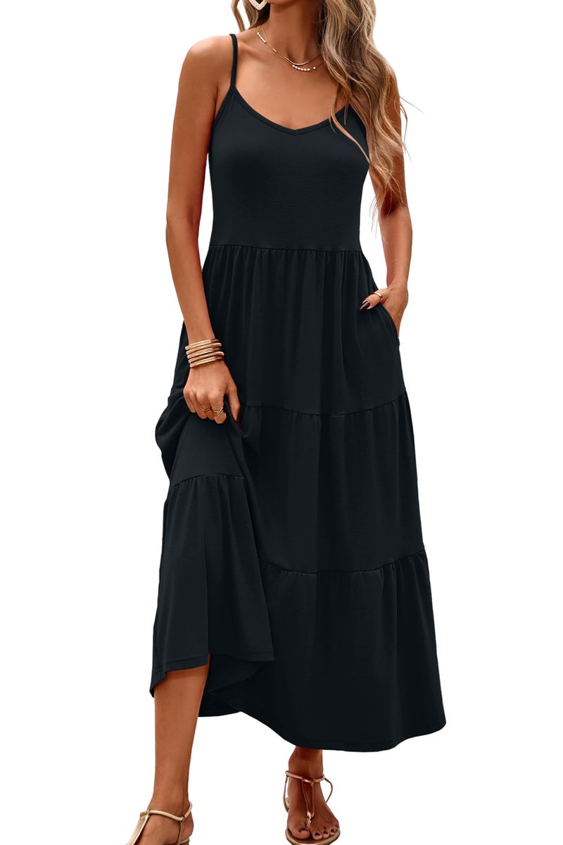 Halife Long Maxi Sun Dresses for Women Casual Spaghetti Strap Summer Beach Vacation Dresses Flowy Tiered Dress Black M - Image 1