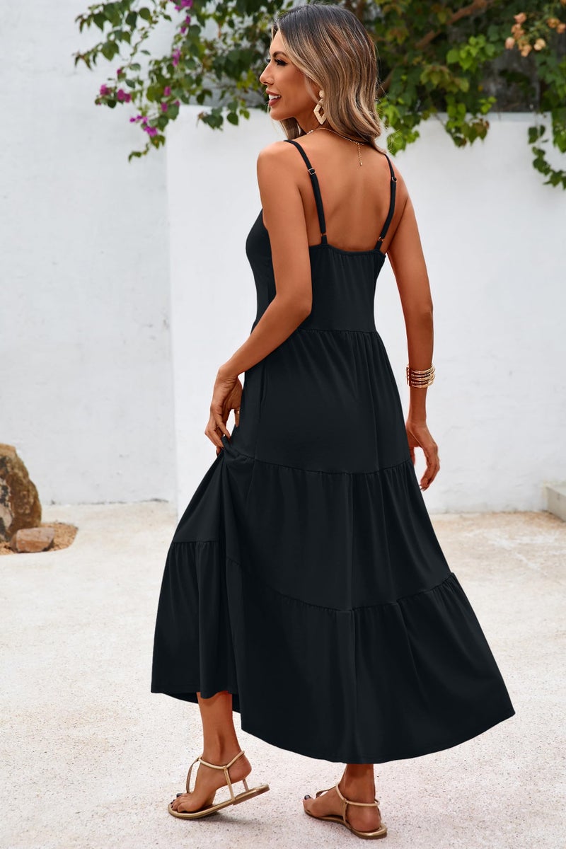 Halife Long Maxi Sun Dresses for Women Casual Spaghetti Strap Summer Beach Vacation Dresses Flowy Tiered Dress Black M - Image 5