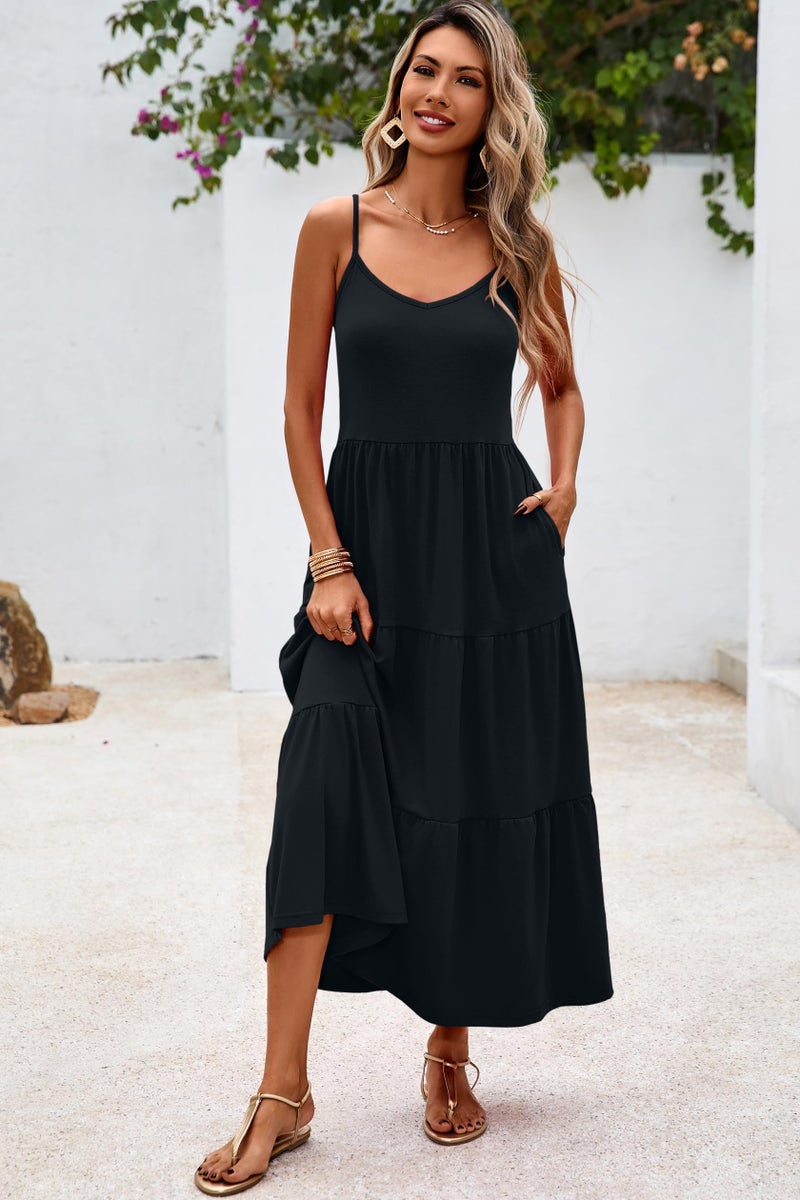 Halife Long Maxi Sun Dresses for Women Casual Spaghetti Strap Summer Beach Vacation Dresses Flowy Tiered Dress Black M - Image 2