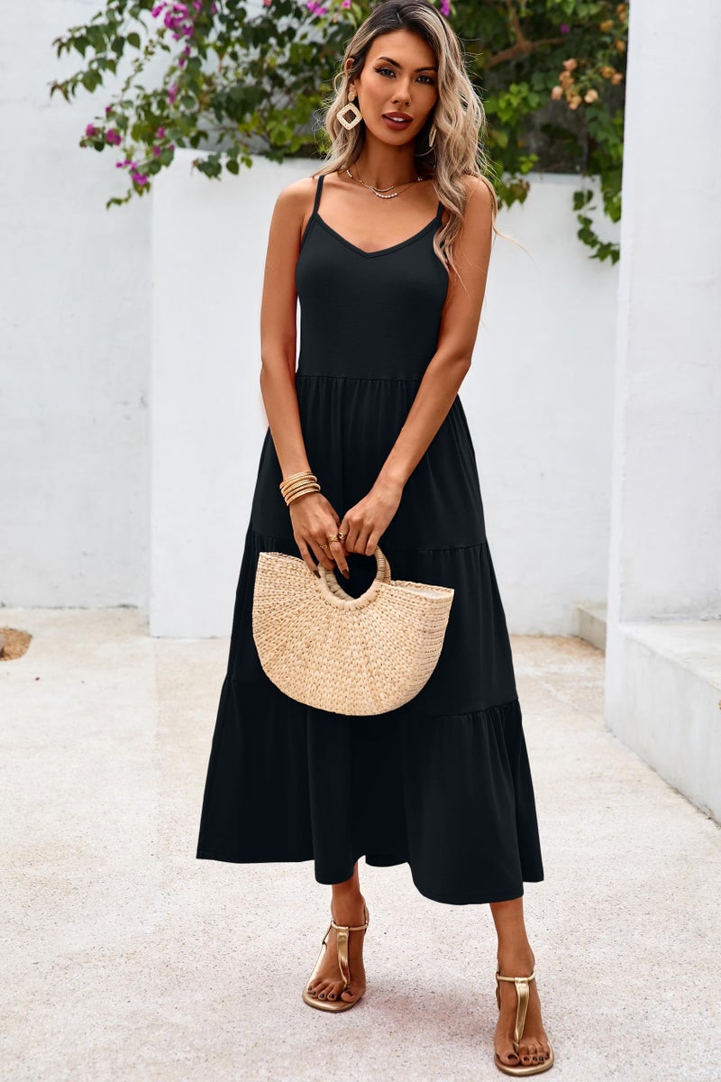 Halife Long Maxi Sun Dresses for Women Casual Spaghetti Strap Summer Beach Vacation Dresses Flowy Tiered Dress Black M - Image 4