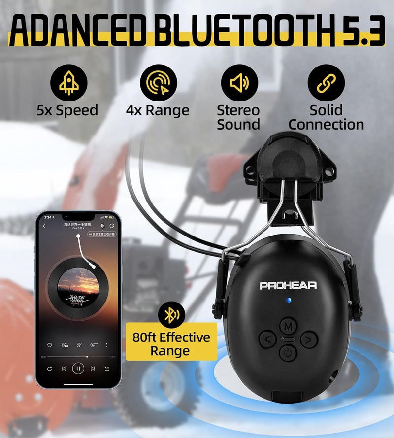 PROHEAR 037BR04 حماية السمع بلوتوث مع محول لخوذات 3M H-700/خوذة DEWALT، سماعة أمان بمدة تشغيل 40 ساعة للعمال في البناء، جز العشب - أسود - Image 4