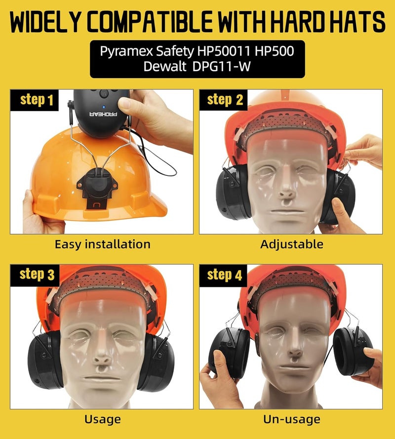 PROHEAR 037BR04 حماية السمع بلوتوث مع محول لخوذات 3M H-700/خوذة DEWALT، سماعة أمان بمدة تشغيل 40 ساعة للعمال في البناء، جز العشب - أسود - Image 5