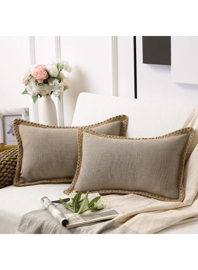 Phantoscope Pack of 2 Farmhouse Decorative Throw Decorative Pillow Cover Burlap Linen Trimmed Tailored Edges Beige Plain 12 x 20 inches 30 x 50 cm - Image 3