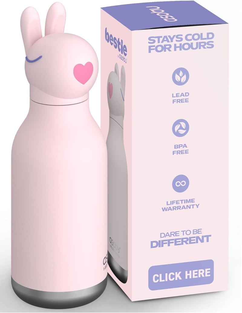 Asobu Bunny Bestie Bottle 16oz Kids Insulated Water Bottle with Straw, Vacuum Stainless Steel, Leakproof BPA-Free, Cute Bunny Design, Cold 24h Hot 12h, School Travel Bottle - Image 1