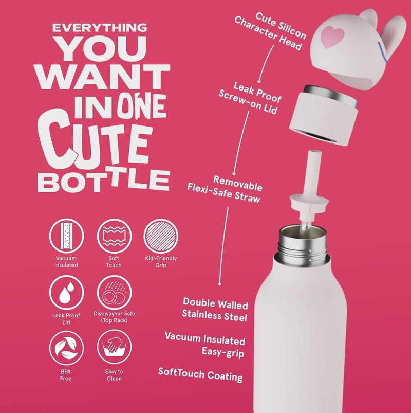 Asobu Bunny Bestie Bottle 16oz Kids Insulated Water Bottle with Straw, Vacuum Stainless Steel, Leakproof BPA-Free, Cute Bunny Design, Cold 24h Hot 12h, School Travel Bottle - Image 3
