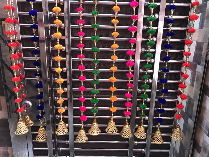Aahum Handmade Wall Door Multicolor PomPom String With Golden Beads,Triangle Flowers Hanging Torans Garland Bandhwar Decoration Item for Home Décor Diwali Festival, Navratri, Wedding (5 FT 10 Strings) - Image 4