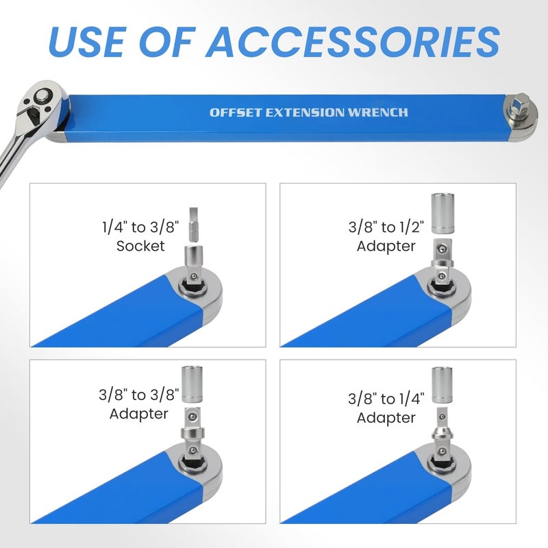 DEPOTA Offset Extension Wrench, Zero Degree Ratchet Extension Set Impact Ready Socket Wrench Extender Tool with 1/2", 1/4", 3/8" Drive Adapters and 1/4" Socket for Tight Place (Blue) - Image 4
