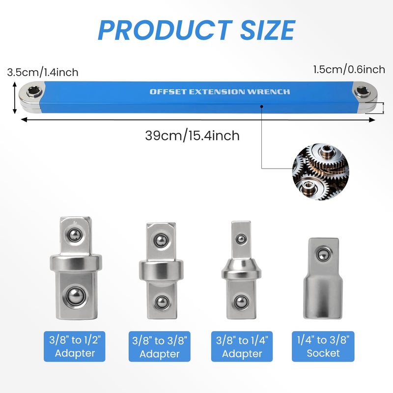 DEPOTA Offset Extension Wrench, Zero Degree Ratchet Extension Set Impact Ready Socket Wrench Extender Tool with 1/2", 1/4", 3/8" Drive Adapters and 1/4" Socket for Tight Place (Blue) - Image 2