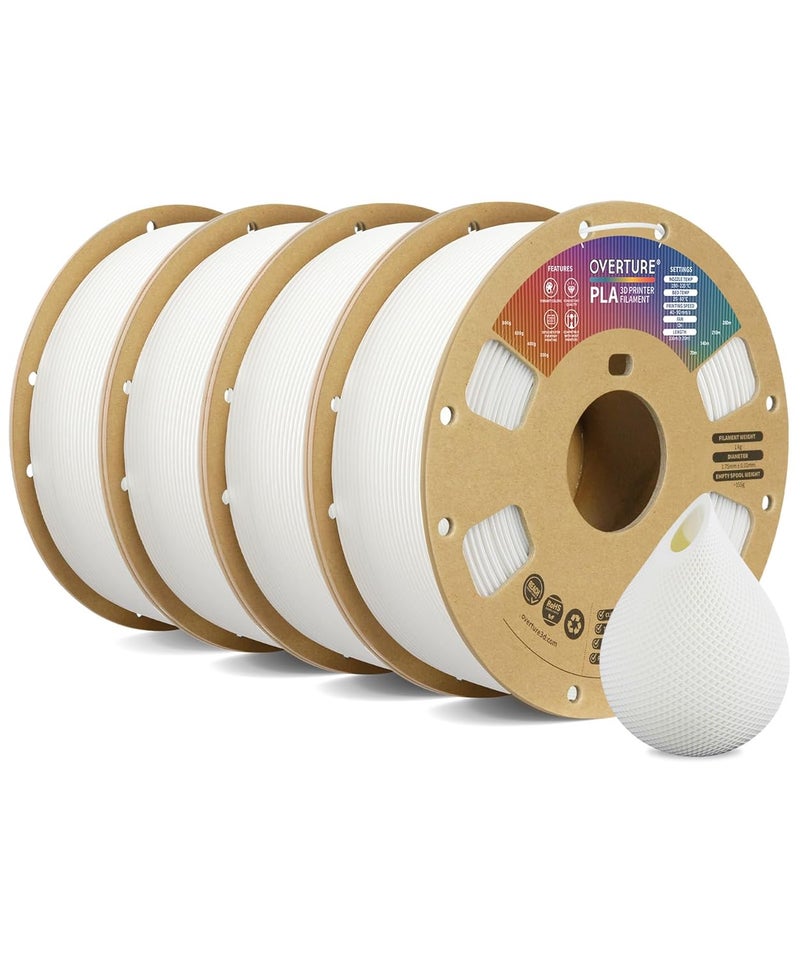 OVERTURE 4KG Bundle PLA Filament 1.75mm, Neatly Wound 3D Printer Filament 4 Pack 1kg Spool (2.2lbs), Dimensional Accuracy +/- 0.02 mm, Fit Most FDM 3D Printers (White 4-Pack) - Image 1