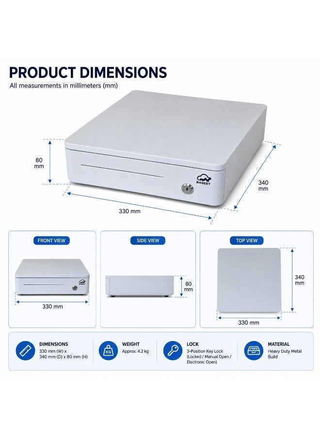 BASEET 330 Cash Register Drawer for Supermarket, Restaurant & Pharmacy – White POS Cash Drawer with Lock - Image 2