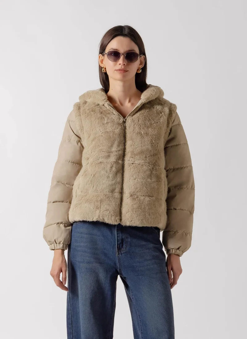 FAUX FUR PANEL PUFFER