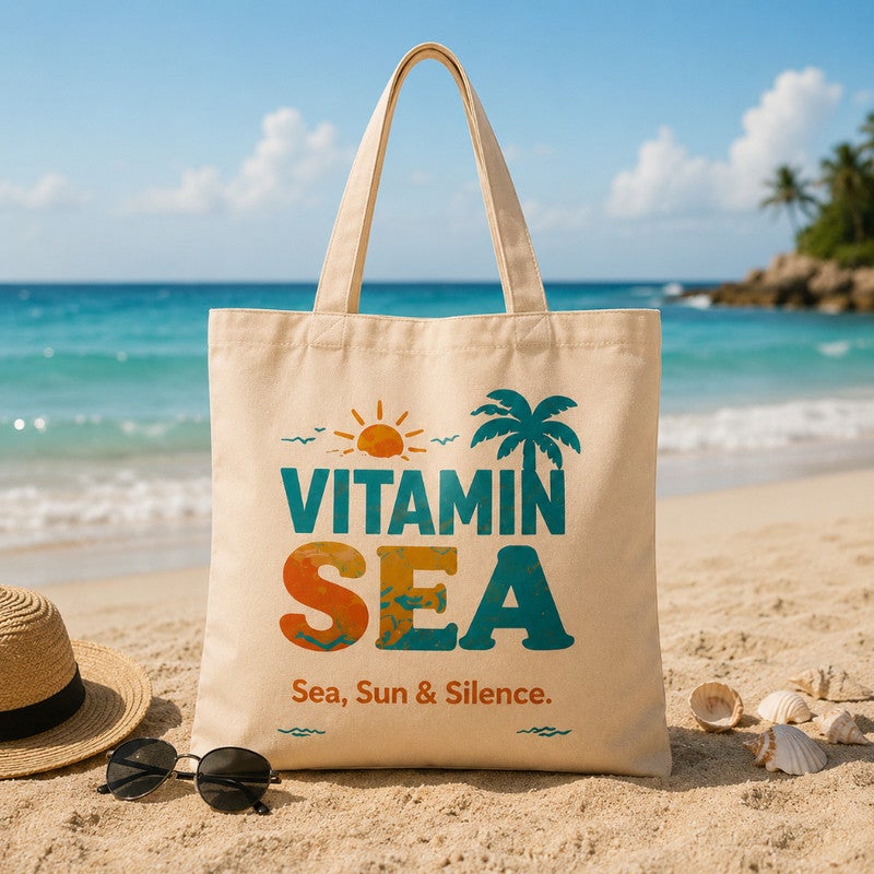 شنطة توت باج قماش للنساء، طبعة صيفي "Vitamin Sea - Sea, Sun & Silence"، شنطة كتف وتسوق صديقة للبيئة وقابلة لإعادة الاستخدام للبحر والتسوق والاستخدام اليومي، مقاس كبير 30x40 سم - Image 2