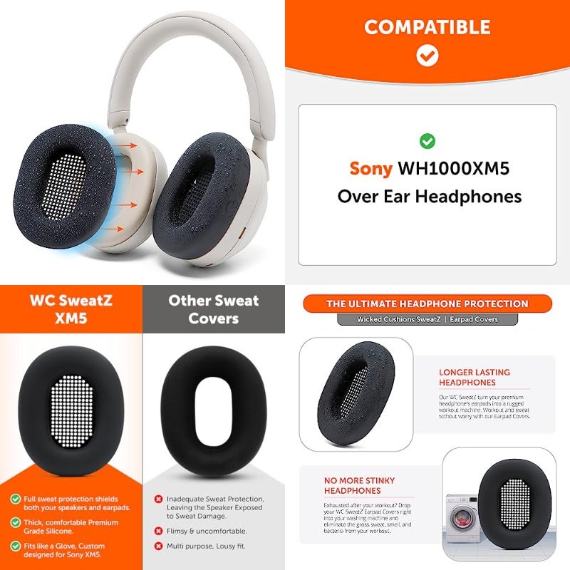 SweatZ XM5 - Protective Headphone Ear Covers for Sony WH1000XM5 by Only Compatible with Sony XM5 Over Ear Headphones Sweatproof Easily Washable Black - Image 1