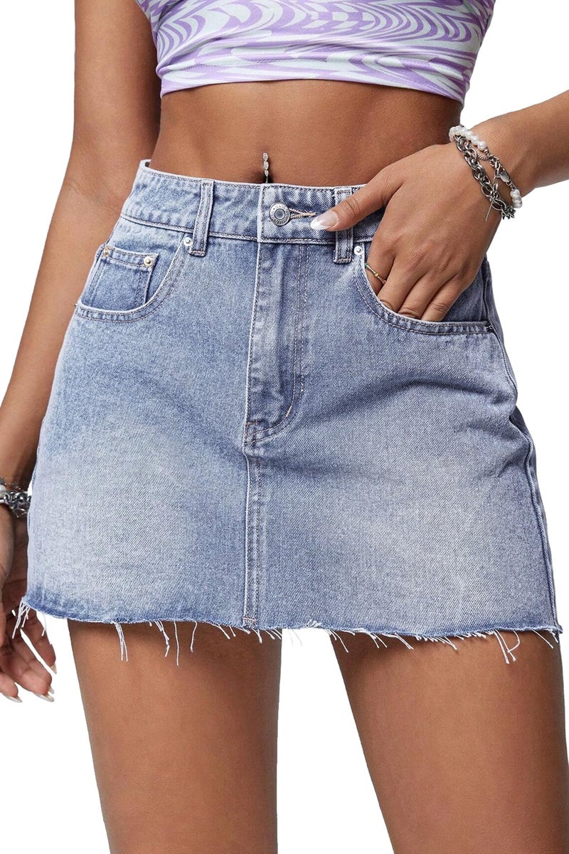ELLEVEN Mini Jean Skirts for Women Denim Trendy Low Waisted Denim Skirt Casual High Stretchy Raw Hem Y2K Button A Line Jean Skirts with Pockets Blue Denim Medium - Image 1