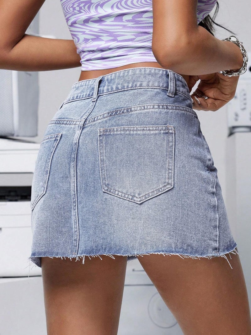 ELLEVEN Mini Jean Skirts for Women Denim Trendy Low Waisted Denim Skirt Casual High Stretchy Raw Hem Y2K Button A Line Jean Skirts with Pockets Blue Denim Medium - Image 2