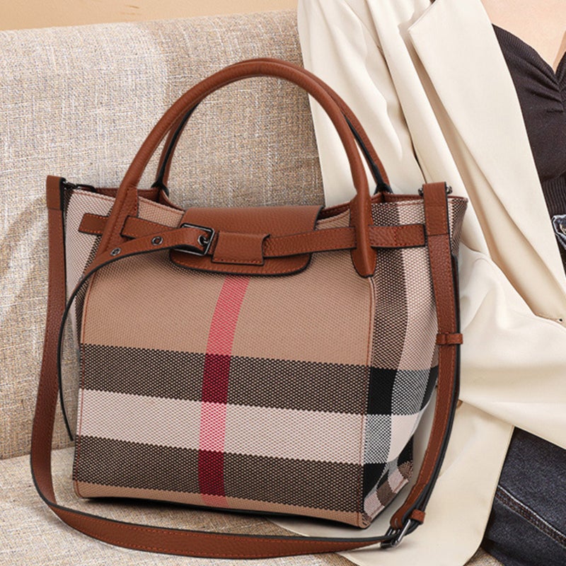 Checked Leather Adjustable Shoulder Strap Folding Handheld Shoulder Tote Bag - Image 2