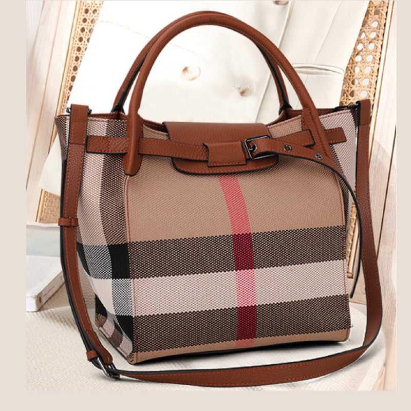 Checked Leather Adjustable Shoulder Strap Folding Handheld Shoulder Tote Bag - Image 4