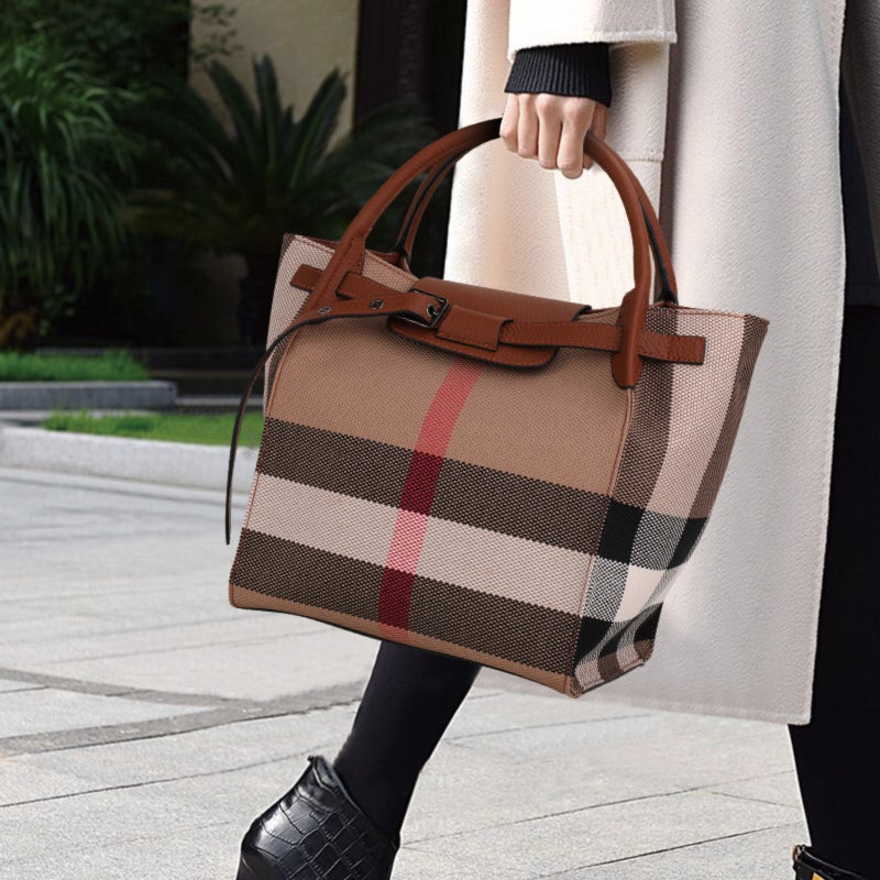 Checked Leather Adjustable Shoulder Strap Folding Handheld Shoulder Tote Bag - Image 3