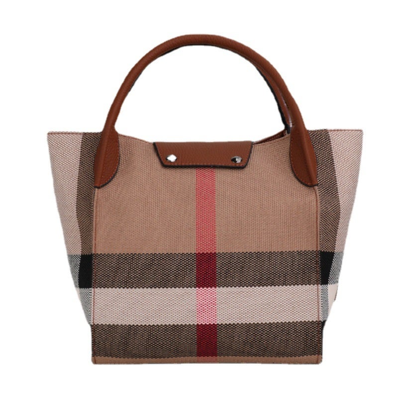 Checked Leather Adjustable Shoulder Strap Folding Handheld Shoulder Tote Bag - Image 1