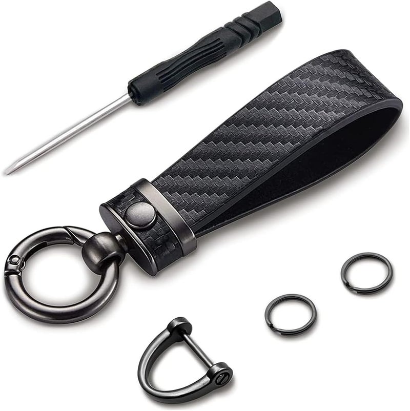 Kewucn Carbon Fiber Style Car Key Chain with Microfiber Leather and 360 Degree Rotatable D-Ring - Image 1