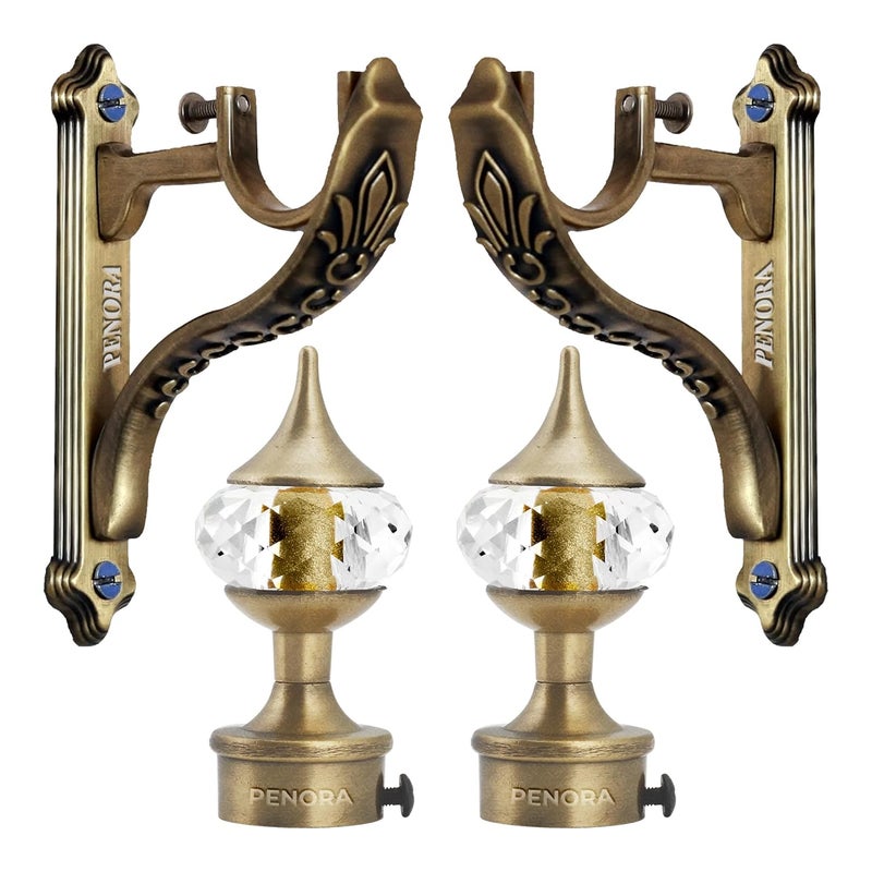 PENORA Aluminium Curtain Holder for Window and Door Parda Holder with Finials Set for Home Decor | Curtain Rod Holder | Curtain Accessories and Curtain Brackets Pack of 2 (Antique Brass) - Image 1
