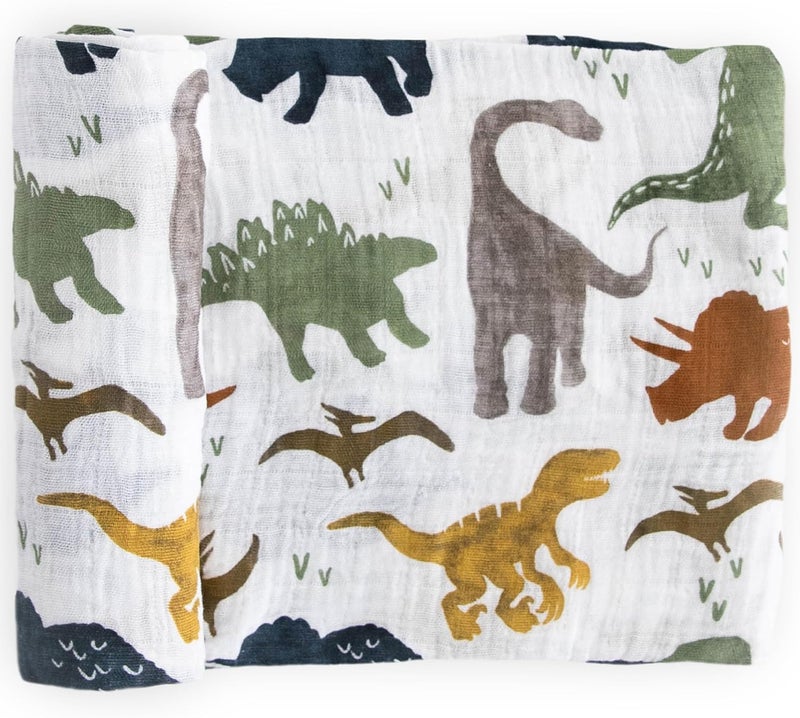Little Unicorn Cotton Muslin Single Swaddle Blanket - Dino Friends Design - Image 1