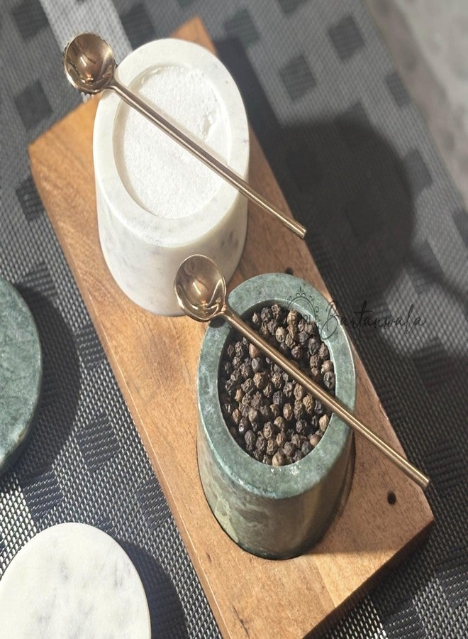 PURI Bartanwala - Marble Salt & Pepper Set with Rose Gold PVD Spoons and Wooden Base (Marble - Green & White) - Image 1