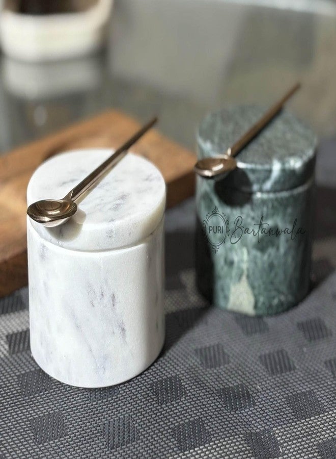 PURI Bartanwala - Marble Salt & Pepper Set with Rose Gold PVD Spoons and Wooden Base (Marble - Green & White) - Image 5