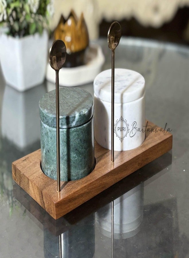 PURI Bartanwala - Marble Salt & Pepper Set with Rose Gold PVD Spoons and Wooden Base (Marble - Green & White) - Image 4