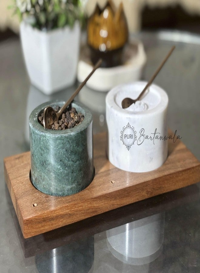 PURI Bartanwala - Marble Salt & Pepper Set with Rose Gold PVD Spoons and Wooden Base (Marble - Green & White) - Image 3