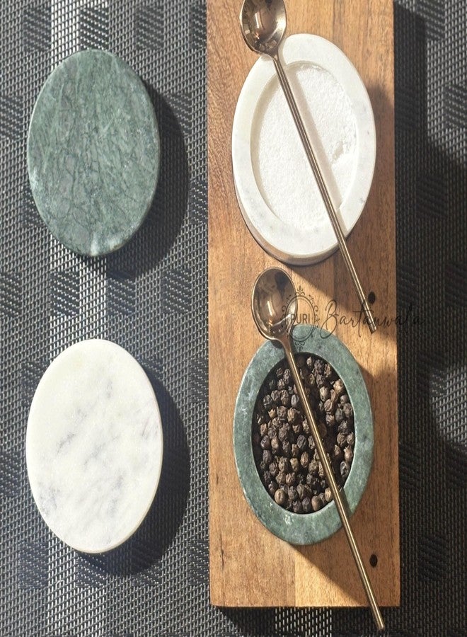 PURI Bartanwala - Marble Salt & Pepper Set with Rose Gold PVD Spoons and Wooden Base (Marble - Green & White) - Image 2