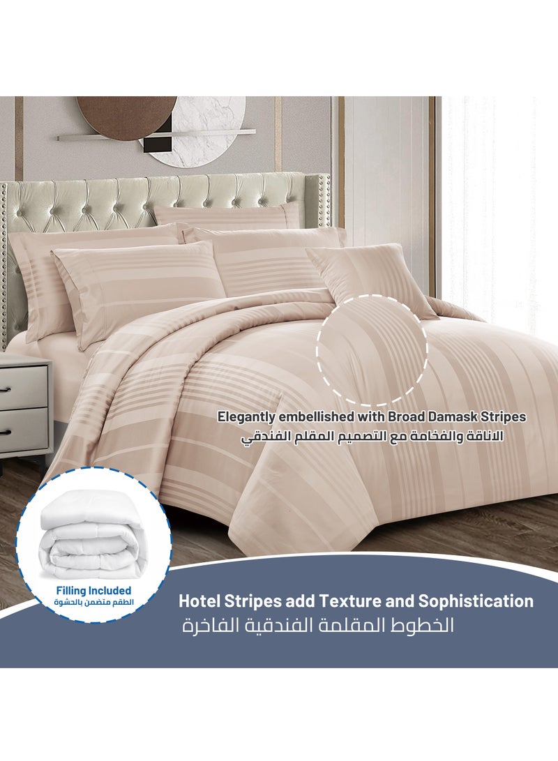 Donetella Comforter Set 8-Pieces King Size Fits 200x200 cm, Hotel Style All Season Cotton Blend Stripe Pattern Bedding Set With Removable Cover And Down Alternative Filling French Oak - Image 3