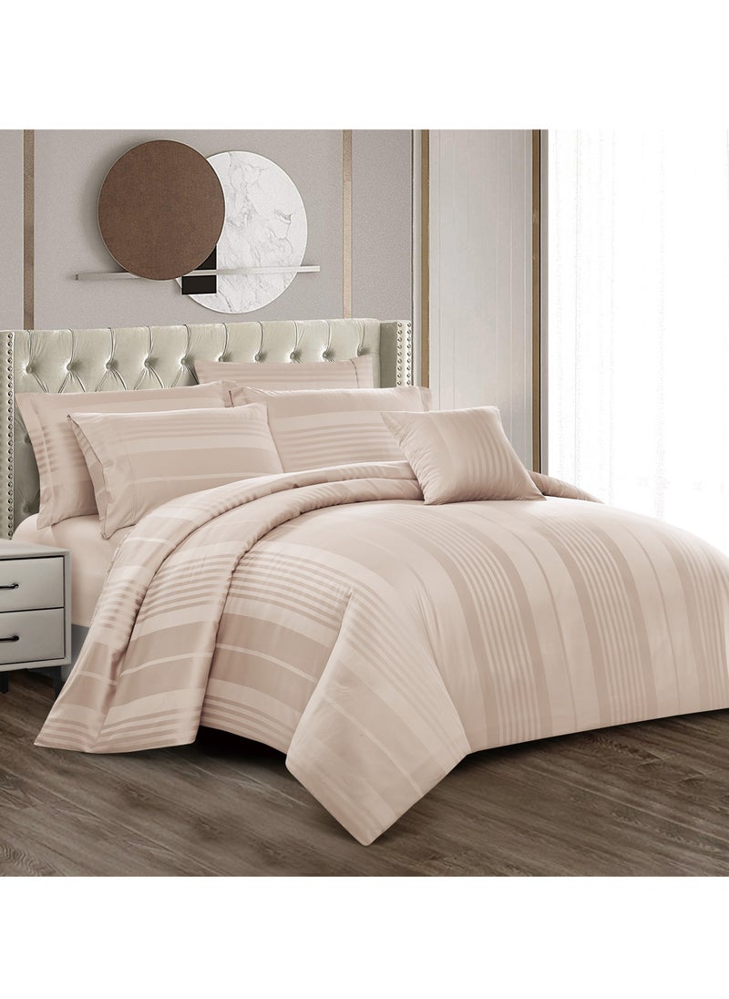 Donetella - Comforter Set 8-Pieces Double Size Hotel Style All Season Cotton Blend Stripe Pattern Bedding Set With Removable Cover And Down Alternative Filling French Oak - Image 1