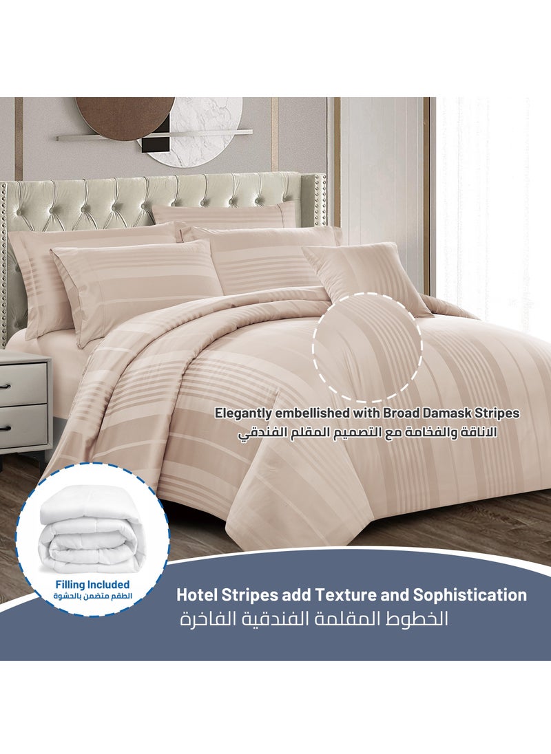 Donetella - Comforter Set 8-Pieces Double Size Hotel Style All Season Cotton Blend Stripe Pattern Bedding Set With Removable Cover And Down Alternative Filling French Oak - Image 1