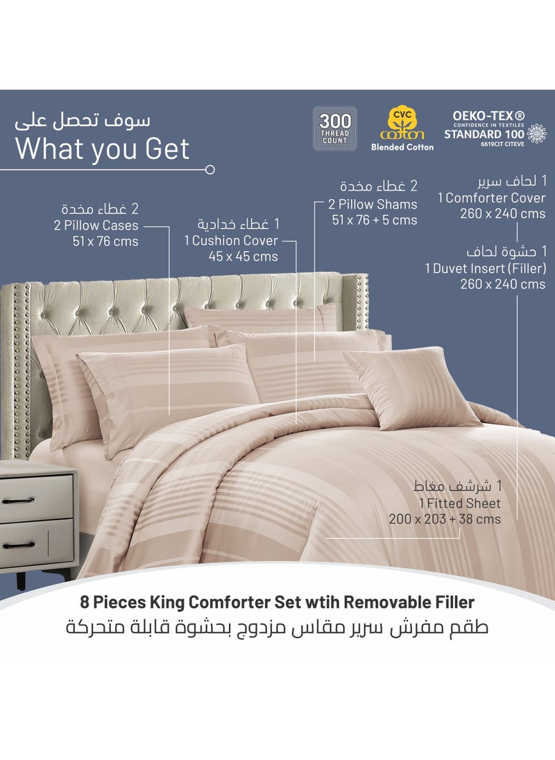 Donetella - Comforter Set 8-Pieces Double Size Hotel Style All Season Cotton Blend Stripe Pattern Bedding Set With Removable Cover And Down Alternative Filling French Oak - Image 1