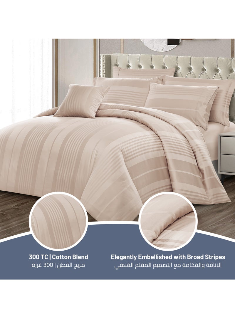 Donetella - Comforter Set 8-Pieces Double Size Hotel Style All Season Cotton Blend Stripe Pattern Bedding Set With Removable Cover And Down Alternative Filling French Oak - Image 1