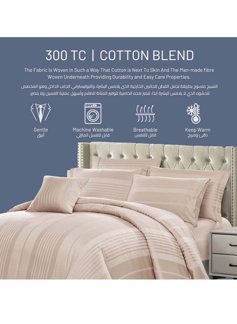 Donetella - Comforter Set 8-Pieces Double Size Hotel Style All Season Cotton Blend Stripe Pattern Bedding Set With Removable Cover And Down Alternative Filling French Oak - Image 1