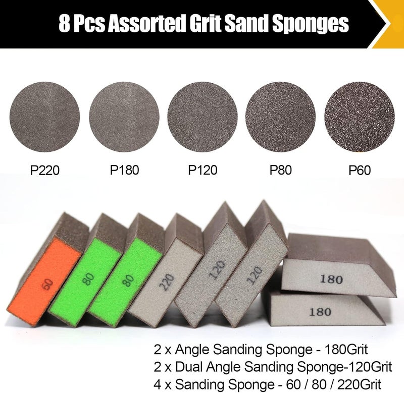 BOSHCRAFT 8 Pack Sanding Block, Single & Dual Angle Sanding Sponge Washable and Reusable Sanding Block for Wood Drywall Metal Glasses 60/80/120/180/220 Grit Sandpaper Block 2-3/4" × 5" - Image 2