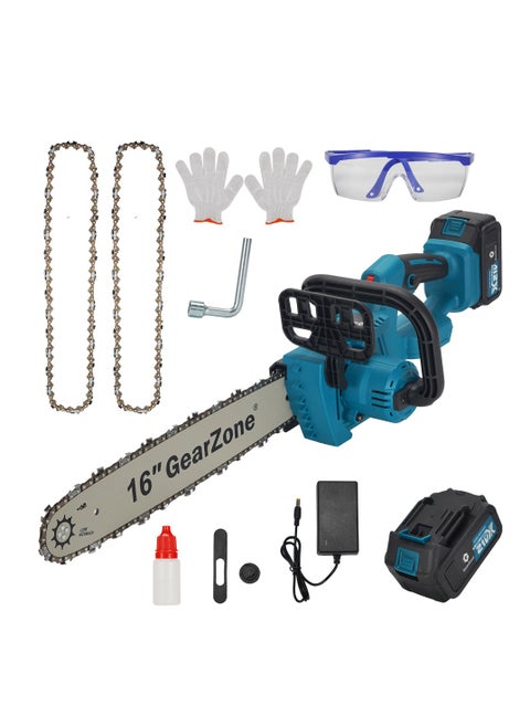 21V-4.0Ah-16inch Cordless Portable Electric Chainsaw, Dual Lithium Battery Driven Lithium Electric Chainsaw-Blue