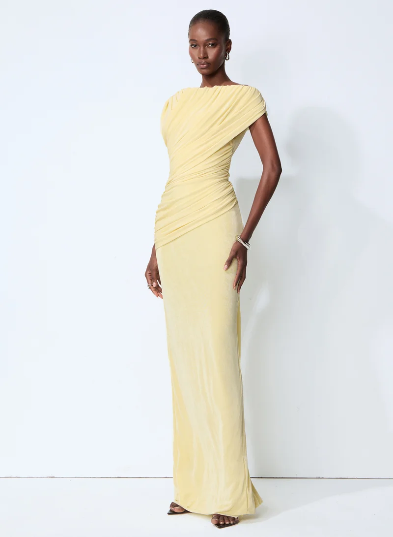 Sunfere Made to Shine Yellow Off Shoulder Ruched Maxi Dress