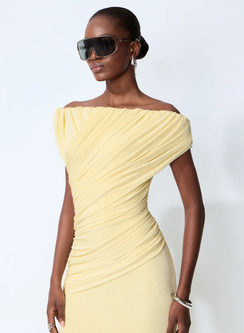 Sunfere  Made to Shine Yellow Off Shoulder Ruched Maxi Dress for Women | Best Price UAE