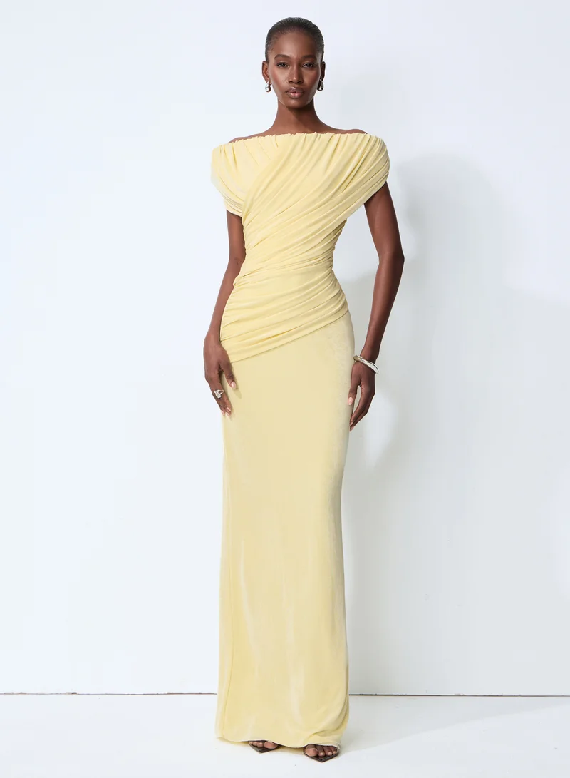 Sunfere Made to Shine Yellow Off Shoulder Ruched Maxi Dress