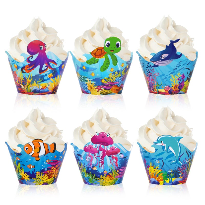 Whaline 36Pcs Sea Animals Cupcake Wrappers Colorful Ocean Animals Cupcake Liners Under the Sea Cupcake Holders for Summer Ocean Birthday Party Dessert Decoration
