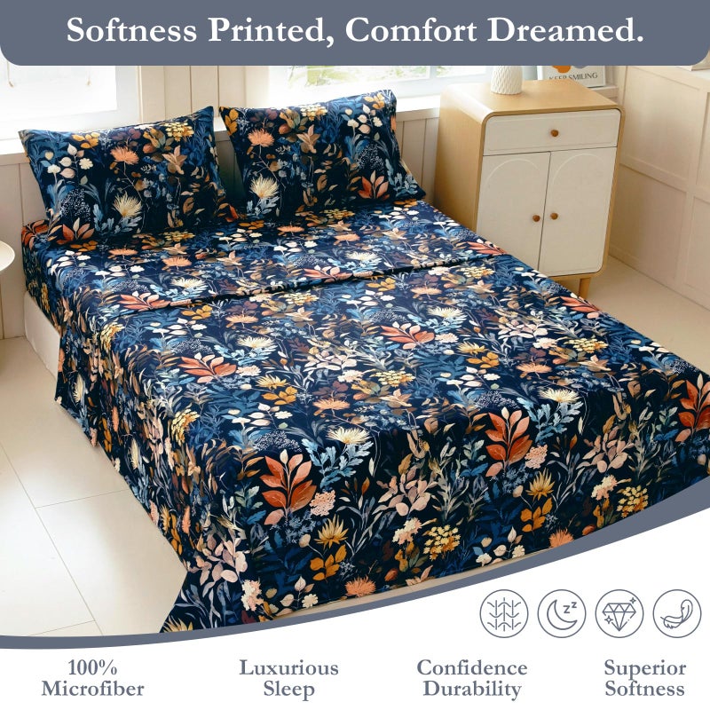 MICORAL Boho Floral Queen Sheet Set, 4-Piece Printed Botanical Bed Sheets, 16" Deep Pocket, Ultra Soft & Cooling Sheet, Oeko-TEX Certified, Midnight Blooms - Image 4
