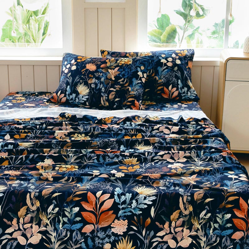 MICORAL Boho Floral Queen Sheet Set, 4-Piece Printed Botanical Bed Sheets, 16" Deep Pocket, Ultra Soft & Cooling Sheet, Oeko-TEX Certified, Midnight Blooms - Image 1