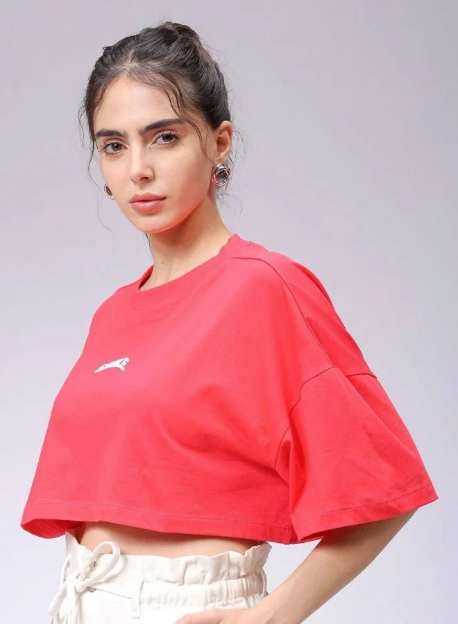 Freehand Women Boxy Fit Solid Crew Neck Short Sleeve Cropped T-Shirt