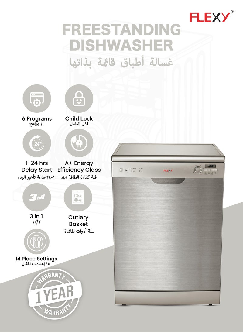 Flexy 3 In 1 Heavy Duty Dishwasher With 6 Programs 14 Settings Stainless Steel A+ Energy Efficient Adjustable Water 1 to 24 Hour Delay Start  - Image 2