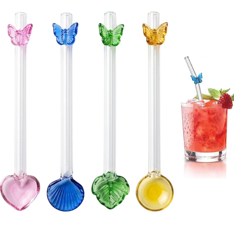 Two-in-one reusable glass straws and spoons decorated with cute charms, clear drinking straws for juices, coffee, milk and cocktails, 12cm - Image 1
